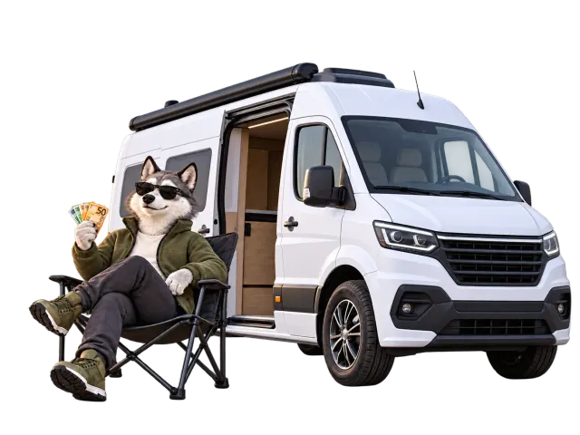 Wolf mit Sonnenbrille und Geldscheinen im Campingstuhl vor einem weißen Camper